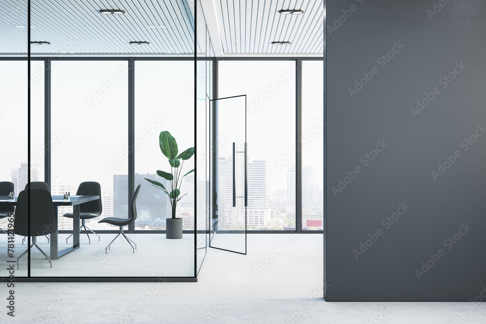 Poster modern glass conference room interior with empty mock up place on wall, furniture and panoramic wind