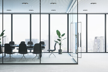 Clean glass conference room interior with furniture and panoramic window with city view and daylight. 3D Rendering.