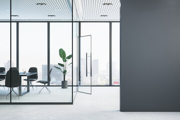 Modern glass conference room interior with empty mock up place on wall, furniture and panoramic window with city view and daylight. 3D Rendering. - obrazy, fototapety, plakaty