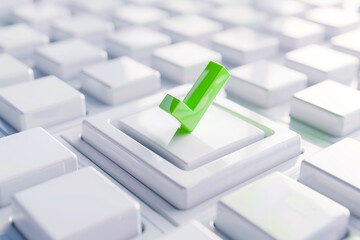 Check list, vote, accept and aprrove concept. 3D render of a vibrant green check mark symbol on a keyboard button amidst white keys.