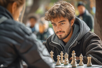 Man Engrossed in Chess Game - obrazy, fototapety, plakaty
