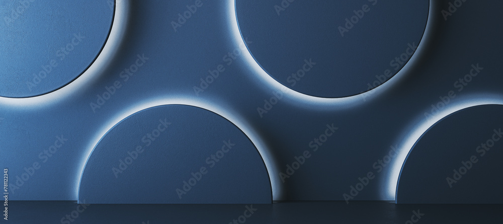Aufkleber Empty wide blue round podium interior with empty mock up space on wall. Art concept. 3D Rendering.