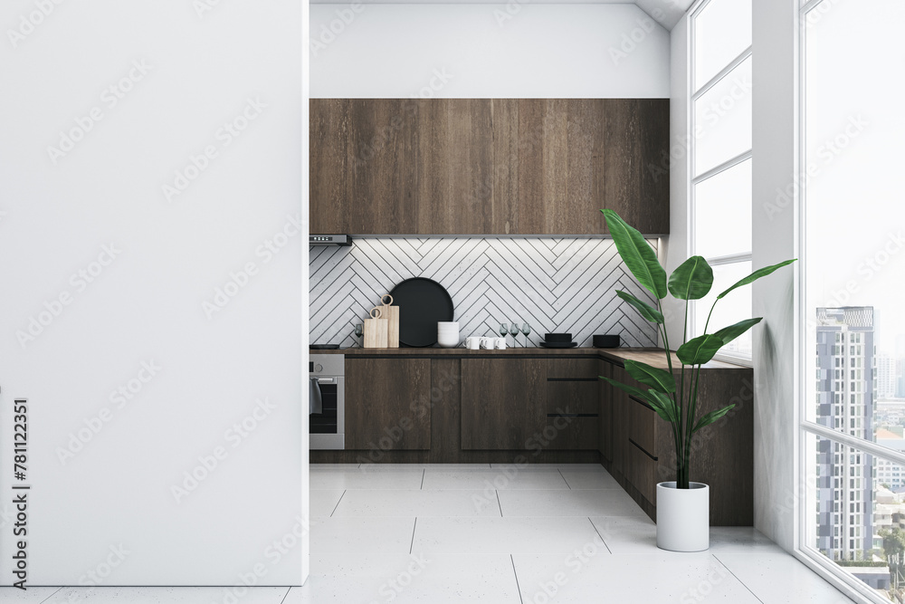 Aufkleber modern white and wooden kitchen interior design with window and empty mock up place on wall. 3d rend