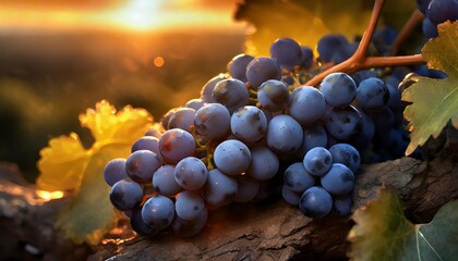 a cluster of ripe blue grapes basks in the warm glow of the setting sun