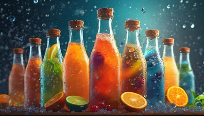 lots of bottles of cold fruit water tea or sodas with large drops of condensation on them a...