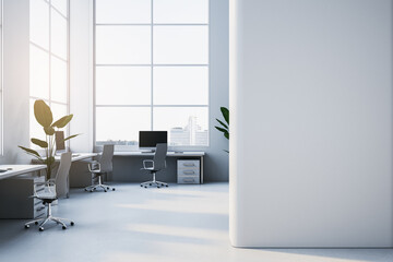 Modern spacious light coworking office interior with empty mock up place on wall, panoramic windows and city view. Workplace concept. 3D Rendering.