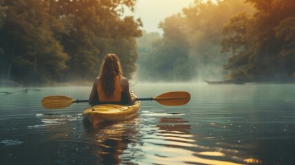 Adventurous woman preparing her kayak at the edge of a tranquil lake, early morning mist rising off the water, AI Generative - obrazy, fototapety, plakaty