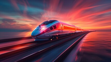 futuristic high-speed train navigating through diverse terrains, emblematic of modern and future transportation, crossing countries on an industrialist's railway, AI Generative - obrazy, fototapety, plakaty