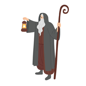 An old man with a staff and a lamp. Major Arcana tarot card design. Hand drawn cartoon. THE HERMIT.