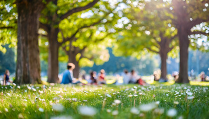 Blurred background of view of lawn with trees in city park with people sitting on grass relaxing outdoors. Concept of togetherness, free time, city life, nature and parks, friends. Banner header image