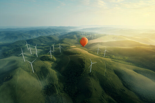 A scenic view of rolling green hills with a line of wind turbines and a single red hot air balloon floating above.