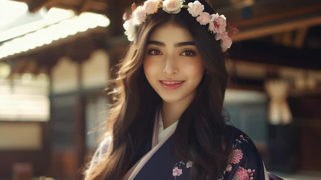 A young woman in an elegant traditional Japanese kimono stands against the backdrop of an old wooden structure. 