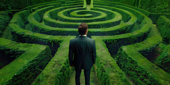 Looking at the way to success concept. Businessman in suit standing in front of maze in front of white labirynth entrance about to make a decision