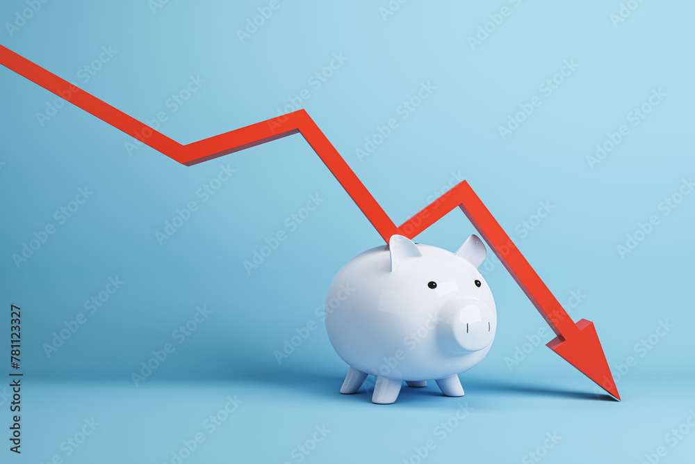 Poster falling red chart arrow with piggy bank on blue background. economic recession, losing savings conce