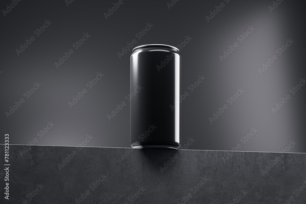 Poster Empty white drink can on light backdrop with mock up place. Beverage and food ad concept. 3D Rendering.
