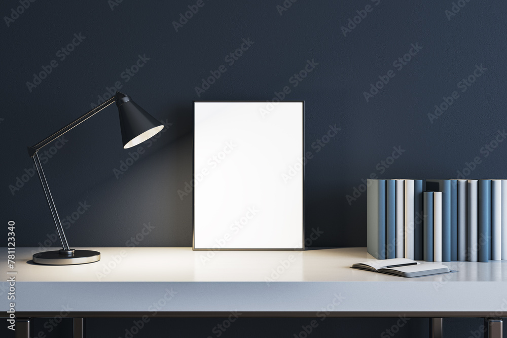 Poster modern concrete workplace with lamp, books and white mock up banner. workspace close up. 3d renderin