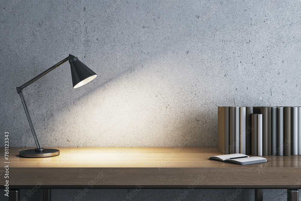 Poster modern concrete workplace with lamp, books and mock up place. workspace close up. 3d rendering.