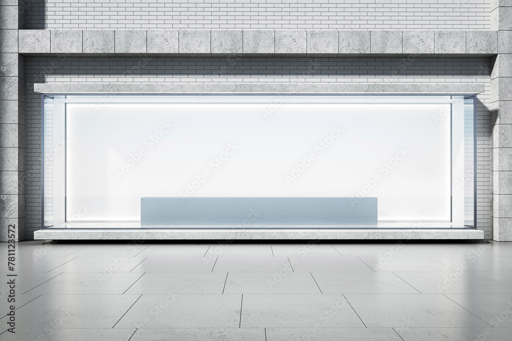 Poster A storefront window display with a blank podium, empty showcase, modern building facade, lighted background, concept of retail presentation. 3D Rendering