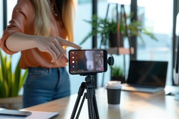A woman's hand is pointing at the phone on top of an tripod - obrazy, fototapety, plakaty