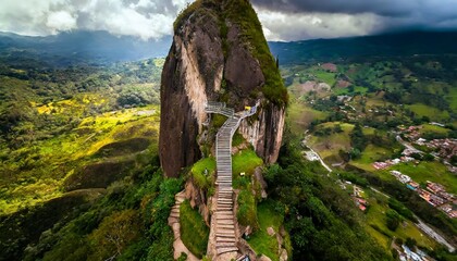 aerial view of piedra del penol touristic attraction a huge rock with steps to the top near guatape town antioquia colombia