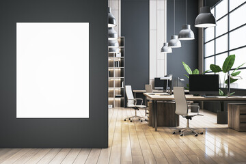 Modern office with blank white mock up banner on dark wall, parquet flooring, shelves or library interior with workplace, window and city view. 3D Rendering.