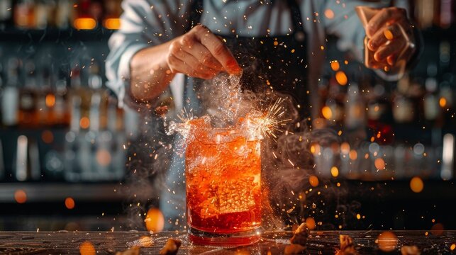 A bartender is pouring a drink into a glass with a blue flame