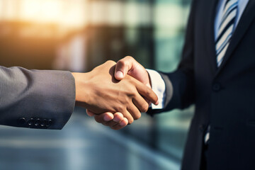 Young businessman shaking hands with businesswoman at office - finishing up meeting. Successful businessmen handshaking after good deal. - obrazy, fototapety, plakaty