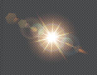 Sun light glaring blast realistic vector illustration. Sunlight shining effect. Bright spark with halo 3d element on transparent background