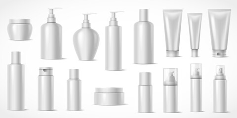 Blank cosmetic products containers realistic vector illustration set. Different refillable packages 3d objects on white background