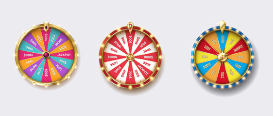 Fortune wheels colorful realistic vector illustration set. Luck win spin games. Casino roulettes 3d objects on white background