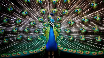 Portrait of beautiful peacock with feathers out Pavo cristatus An elegant peacock displaying its vibrant feathers AI Generated
