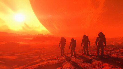 A group of astronauts explore the Martian landscape under the red sky at morning afterglow, with the sun rising above the horizon emitting intense heat