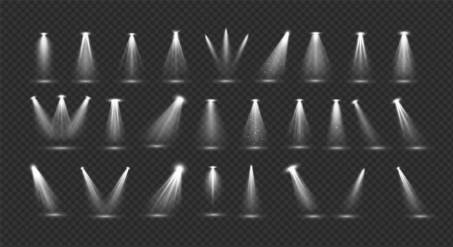 White stage backlight effects 3d realistic vector illustration set. Bright lamps glowing design. Stage spot beams on transparent background