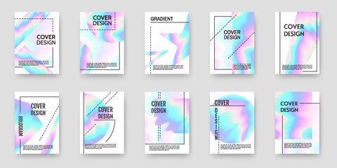 Abstract holographic creative vector banner set. Business advertising mockup templates on light background. Vertical rectangular placard