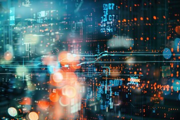 Obraz premium Digital background featuring data visualizations and graphs overlaying blurry city lights at night