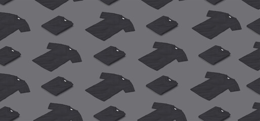 Mockup black blank t-shirts isometric illustration pattern on isolated background. Casual clothes with brand design template 3d objects on grey background