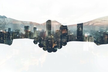 double exposure of business handshake with cityscape background