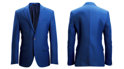 Blue suit jacket, virgin wool, front and back view, mockup, transparent or isolated on white background