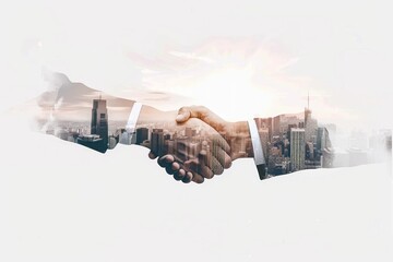 Double exposure of a business handshake and cityscape