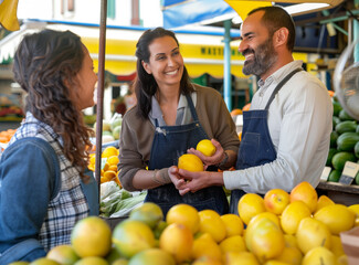 A man in an apron stands at the fruit stand and holds lemons to female customer. A street market under a gazebo on a sunny day with natural light