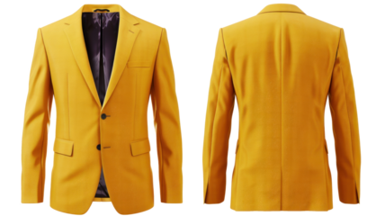 Yellow suit jacket, virgin wool, front and back view, mockup, transparent or isolated on white background