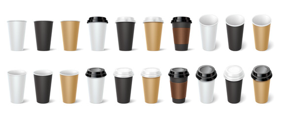 Cardboard coffee cups 3d realistic vector illustration set. Hot drinks disposal mugs design. Coffee to go containers on transparent background