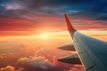 View from the plane on the planes wing and amazing sunset sky. Ai Generative