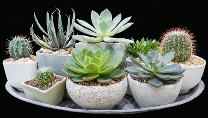 Fototapeta na wymiar set of cactus in pots, wallpaper collection Set of different mixed cactus and succulents types of small mini plant in modern ceramic nordic vase pot as furniture cutouts isolated
