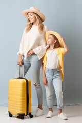 Stylish mother and daughter with yellow suitcase ready for vacation, light trendy outfits, matching hats, studio