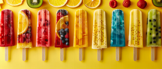 Assorted Fruit Popsicles, Colorful Summer Ice Treats, Fresh and Homemade Frozen Snacks