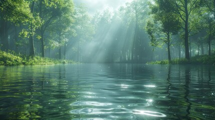 Lake in the forest on a clear summer day. Specular reflection in the water. Green foliage of trees. Coast. Blue sky with white clouds on a sunny day. - obrazy, fototapety, plakaty