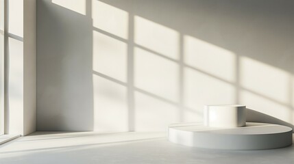 Fototapeta na wymiar Podium Wall Art Mockup, simple wall, light and shadow blurry background, 3d render