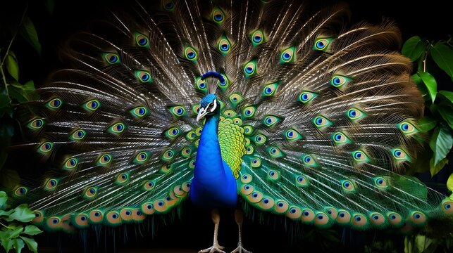 Ilustra&ccedil;&atilde;o de um pav&atilde;o completo abrindo a asa em uma sess&atilde;o de fotos da vida selvagem
