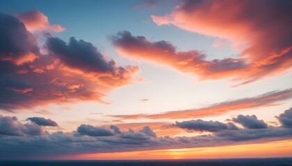 Naklejka na ściany i meble Real majestic sunrise sundown sky background with gentle colorful clouds without birds. Panoramic, big size